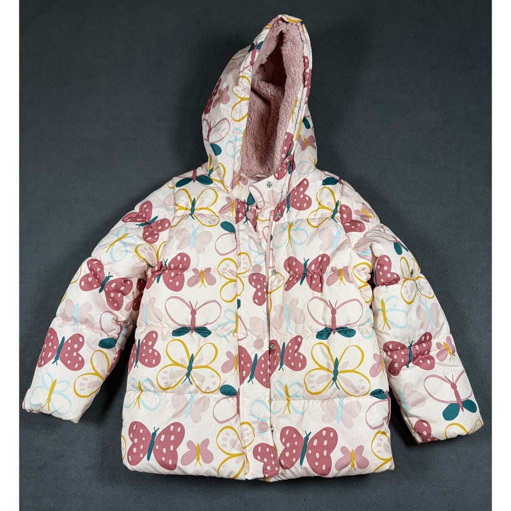Carter's Puffer Jacket Girls Size L/6X Pink Butterfly Print Fleece Lined Hooded